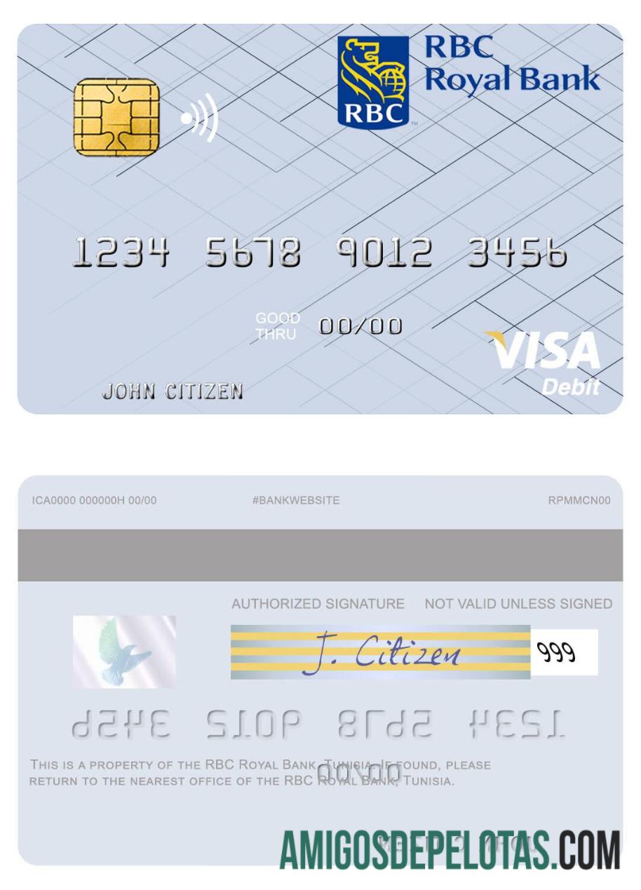 Cartão de débito Visa RBC Royal Bank da Tunísia exemplo